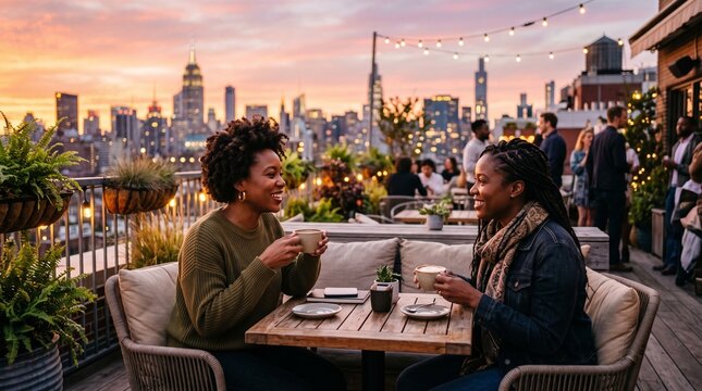 Two Black women enjoying coffee on a rooftop terrace at sunset with city skyline