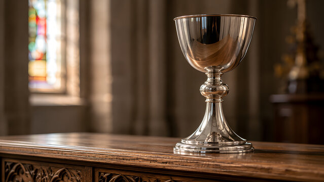 A silver chalice sits on a wooden altar in a church, symbolizing the eucharist and christian communion during a religious service