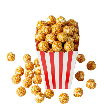 Sweet caramel popcorn with glossy golden-brown coating spilling from a classic red and white striped cinema box onto a transparent background, flat lay, concept of a delightful cinema treat
