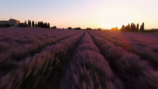 Purple lavender field rows at sunset in rural landscape