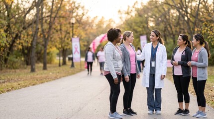 Fototapeta premium Diverse women engage at a breast cancer awareness event in a park setting