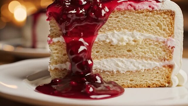 Slice of vanilla cake with berry topping and white cream frosting