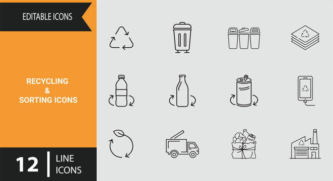 Recycling And Sorting Line Symbol Collection Demonstrating Material Separation Trash Classification Bin System