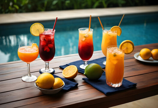 Assortment of refreshing tropical cocktails with citrus garnishes on a wooden table by a swimming pool, the drinks include red and orange beverages, some with lemon or lime slices
