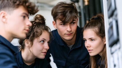 Obraz premium Four young people in work uniforms closely examining a technical panel or control unit together