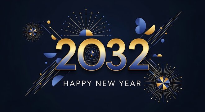 Happy New Year 2032 greeting card design with golden numbers and festive fireworks on dark background