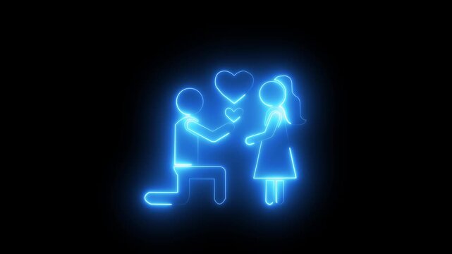 Neon Light Marriage Proposal Animation with Glowing Blue Couple Silhouette. Animated Neon Proposal Symbol for Valentine Day Love and Romance Concept