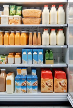 Dairy and beverage products on supermarket shelves milk bottles juice cartons and various packaged goods in a refrigerated display