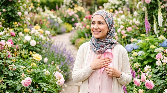 Woman in hijab with pink ribbon in a blooming garden, symbolizing hope and awareness