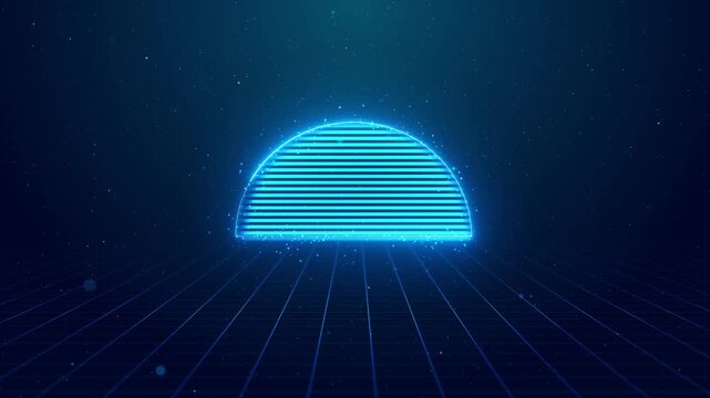 Futuristic horizon sun visual cyan striped semicircle, dark blue grid floor, and glowing particle atmosphere. for retro tech clips, music visuals, gaming intros, cyber stages, and motion graphics.
