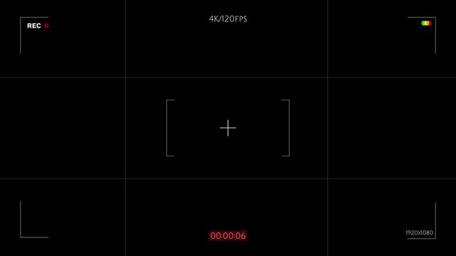 Black camera HUD recording screen white focus marks, grid guide, timer label, battery icon. Perfect for video production, action scenes, security footage, creator edits, and motion graphic overlays.