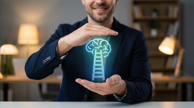 AI employment training collaboration productivity reskill upskill concept with businessman holding brain ladder icon in office