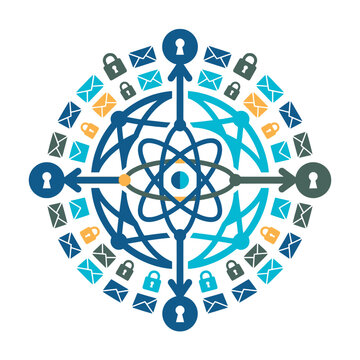 A circular digital graphic showing secure data communication concepts