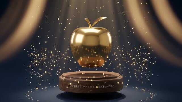Golden apple trophy floating above wooden pedestal. Academic excellence award for Teachers Day celebration. Shiny fruit icon glowing with sparks on stage background