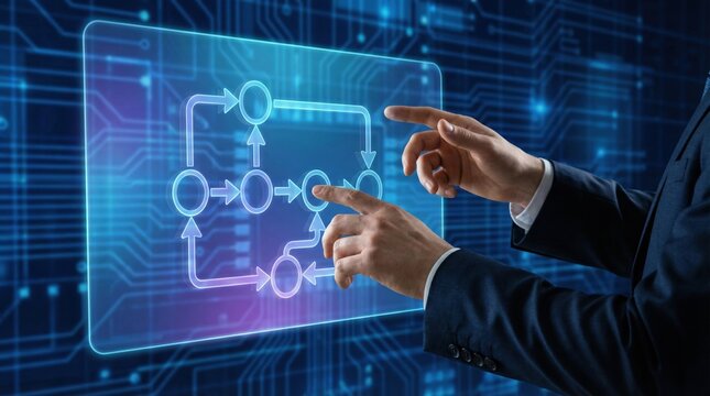 AI employment reskill upskill collaboration training productivity concept with hands pointing at digital flowchart on transparent screen