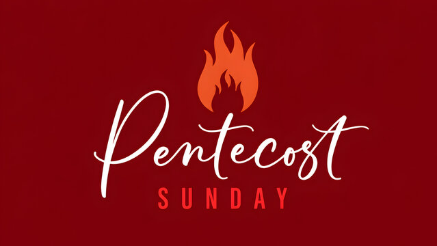 Pentecost sunday religious celebration graphic with a stylized orange flame icon on a deep red background