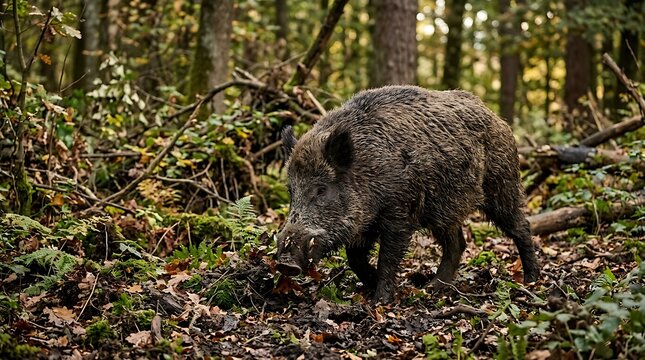 Wild boar foraging in dense autumnal forest woodland scene with fallen leaves
