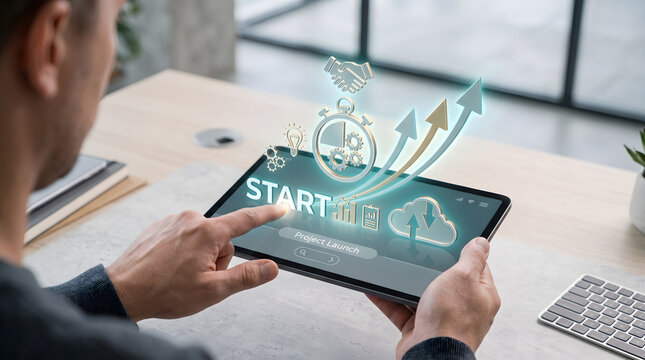 Businessman touching start button on tablet with glowing project launch and growth icons, Business startup and digital transformation concept, hands holding tablet with virtual interface.