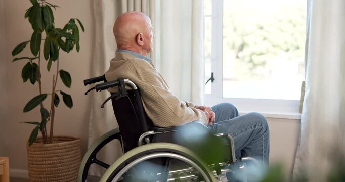 Senior, man and thinking with window in wheelchair for nostalgia, past moment or memory in home. Thoughtful, elderly or male person with a disability for reminisce, reflection or remember in house