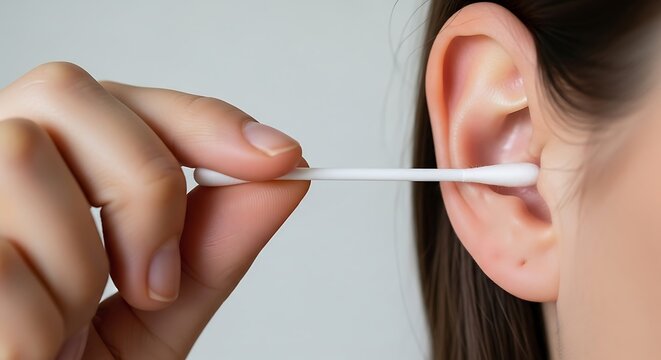 Woman cleaning ear with cotton swab. Person using q-tip for daily personal hygiene routine.