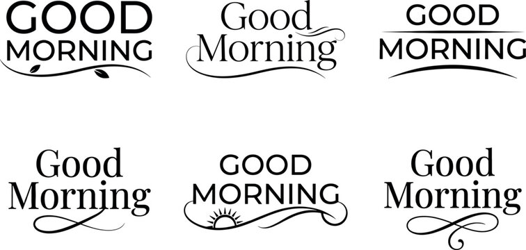 Good morning typography vector bundle with elegant cursive lettering swashes and hand drawn sunrise elements for greeting cards