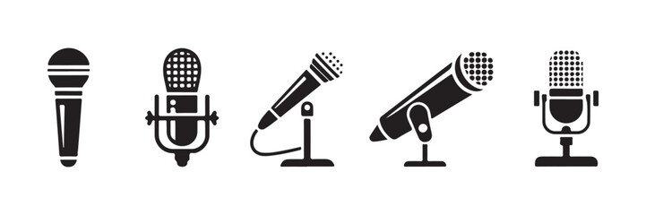 Black silhouette icons of handheld and stand mounted microphones for live stage shows and podcasting. © Md