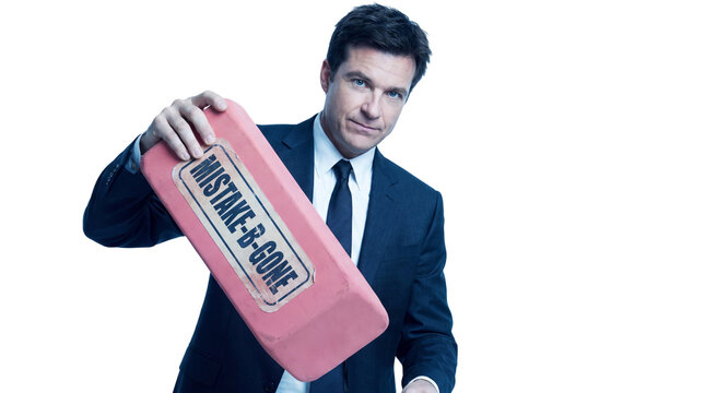 Professional Businessman Holding a Giant Pink Eraser to Fix Mistakes Isolated on Transparent Background