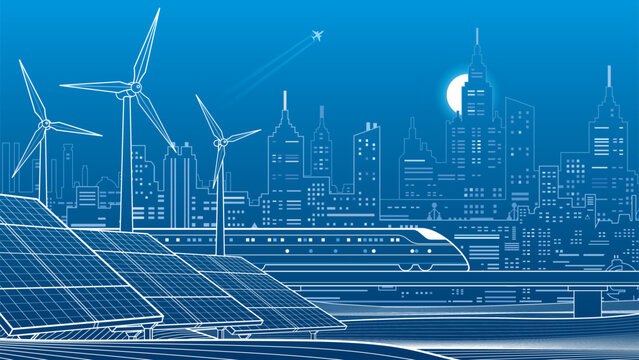 Modern smart city with solar panels, wind turbines and high-speed train. Sustainable urban infrastructure, renewable energy and clean transportation vector background.