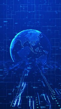 Blue digital globe data glowing Earth, numeric overlays, circuit paths, and futuristic grid depth. Perfect for AI videos, global networks, finance dashboards, cyber analysis, and motion overlays.