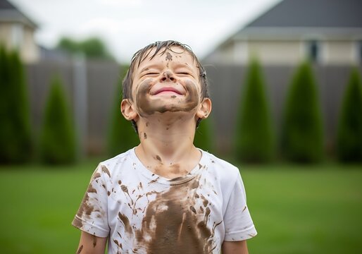 Happy boy with mud on face. Child playing outdoors in summer garden.