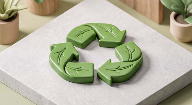 Green 3D recycling arrows symbol on stone background for eco friendly concept, waste sorting, environment protection, circular economy, and zero waste lifestyle