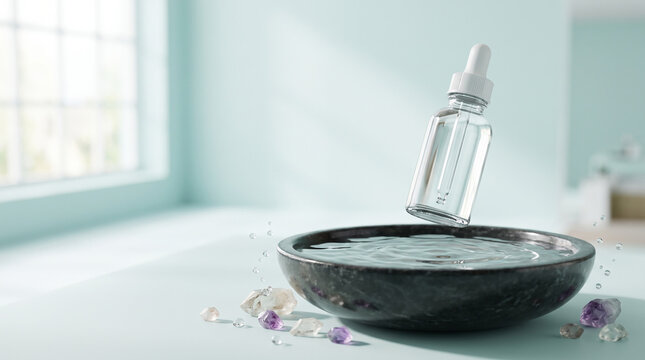 Clear Glass Dropper Bottle Floating Above a Stone Water Basin with Gemstones and Soft Light Background