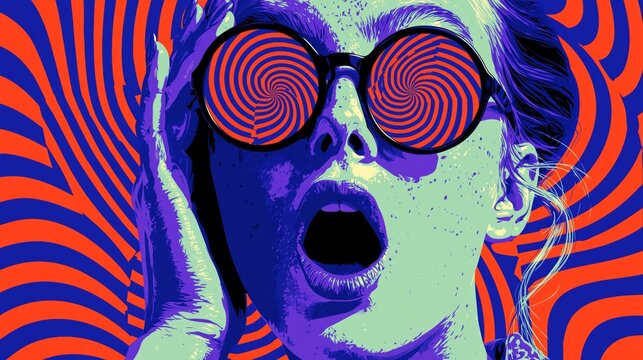 Colorful psychedelic pop art portrait with hypnotic spiral glasses, bold graphic design, optical illusion, surreal expression, and vibrant retro visual aesthetics.