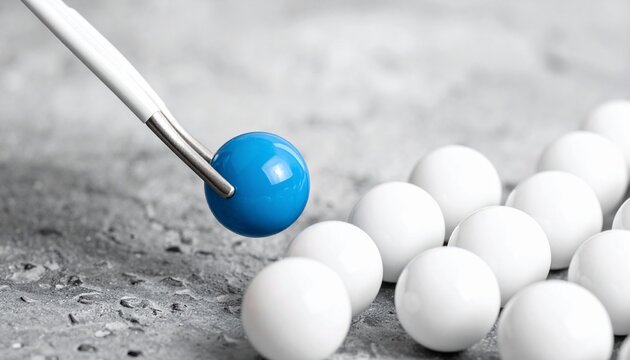 A robotic gripper holding a single blue sphere among several white spheres on a flat surface, emphasizing automation, artificial intelligence, and object recognition through color contrast and selecti