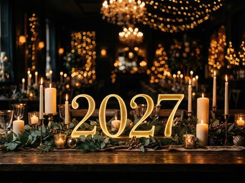 Golden numbers representing the year 2027 standing on a rustic wooden table surrounded by glowing candles and warm festive lights