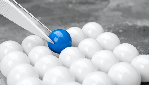 A robotic gripper holding a single blue sphere among several white spheres on a flat surface, emphasizing automation, artificial intelligence, and object recognition through color contrast and selecti