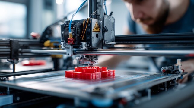 A man focused on a 3D printer building a red object. The device, complex & detailed, extrudes plastic. Focus on device, with user blurred