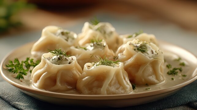 Turkish manti close-up on plate, creamy yogurt texture visible, soft lighting, ultra detailed 8k