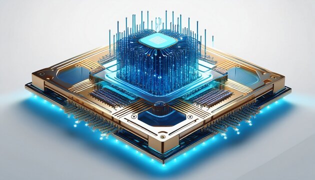 advanced quantum computer processor with metallic components and blue glowing fiber optics isolated on white background