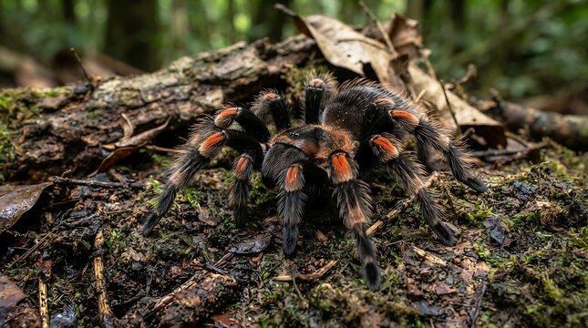 A Mexican redknee tarantula resting on the forest floor surrounded by fallen leaves and moss