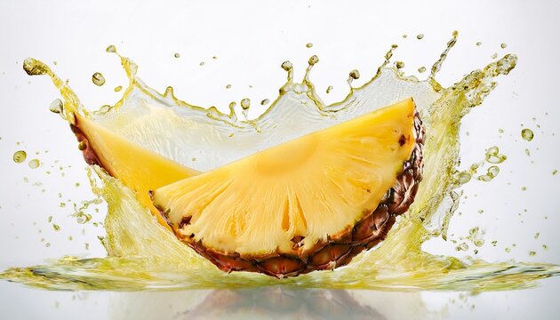 a juicy slice of pineapple with a splash of liquid isolated on white background