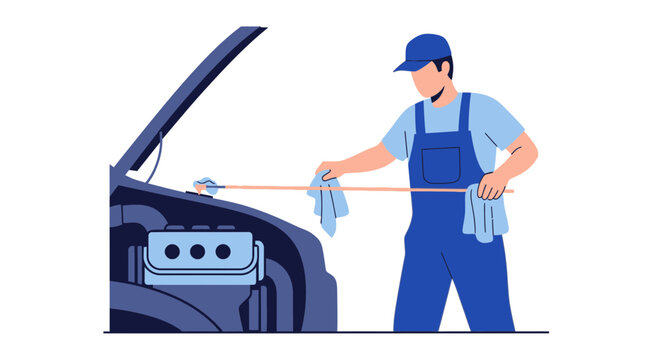 Professional mechanic vector checking oil level in car engine