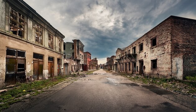 urban street with abandoned buildings and overcast sky in a dilapidated town