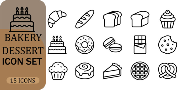 Bakery dessert icon set with 15 icons, minimalist pastry and bread line art collection, sweet food and confectionery vector symbols for cafe menus