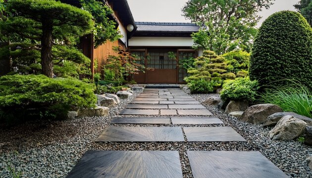 modern japanese style garden path with stone pavers black river rocks and lush greenery leading to a house entrance