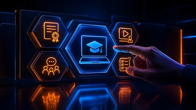 Online education and e-learning platform concept with hand touching futuristic interactive digital graduation cap hologram