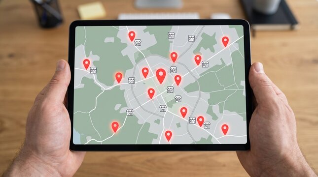 Close up of hands holding a tablet displaying a digital city map with multiple red location pins and shop icons on a wooden office desk surface for business planning and navigation