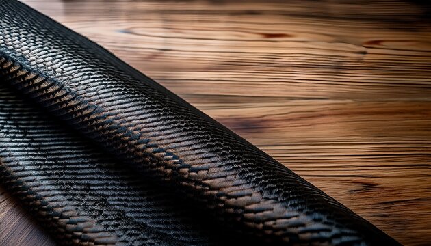 intricate carbon fiber textile pattern on natural wood surface