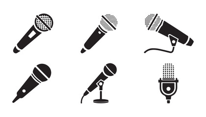 Black silhouette icons of handheld and stand mounted dynamic microphones for stage and studio recording. © Md