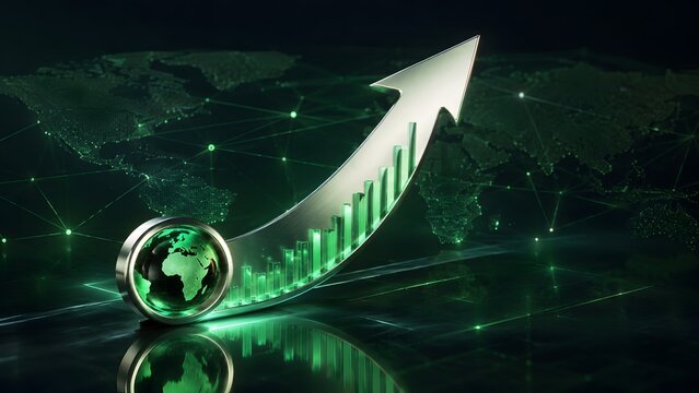 Global financial success and economic growth concept with upward metallic arrow featuring bar charts and green earth globe